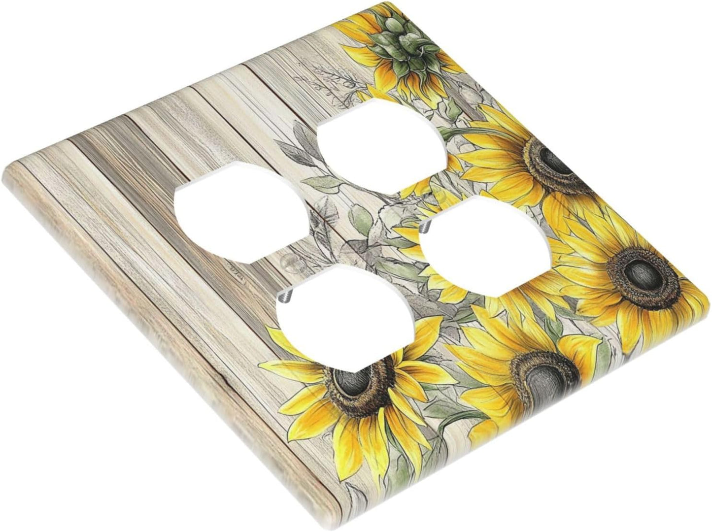 Outlet Covers Floral Sunflower Rustic Flower Vintage Wood 2 Gang Double Duplex Decorative Light Switch Covers Electrical Wallplates Socket Faceplate For Farmhouse Cabin Decor