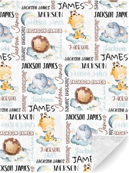 Personalized Baby Blanket for Boys, Custom Baby Blanket with Name, Safari Animal Blanket Name Baby Blanket, Safari Animal Swaddle Blanket for Toddlers Kids Newborn
