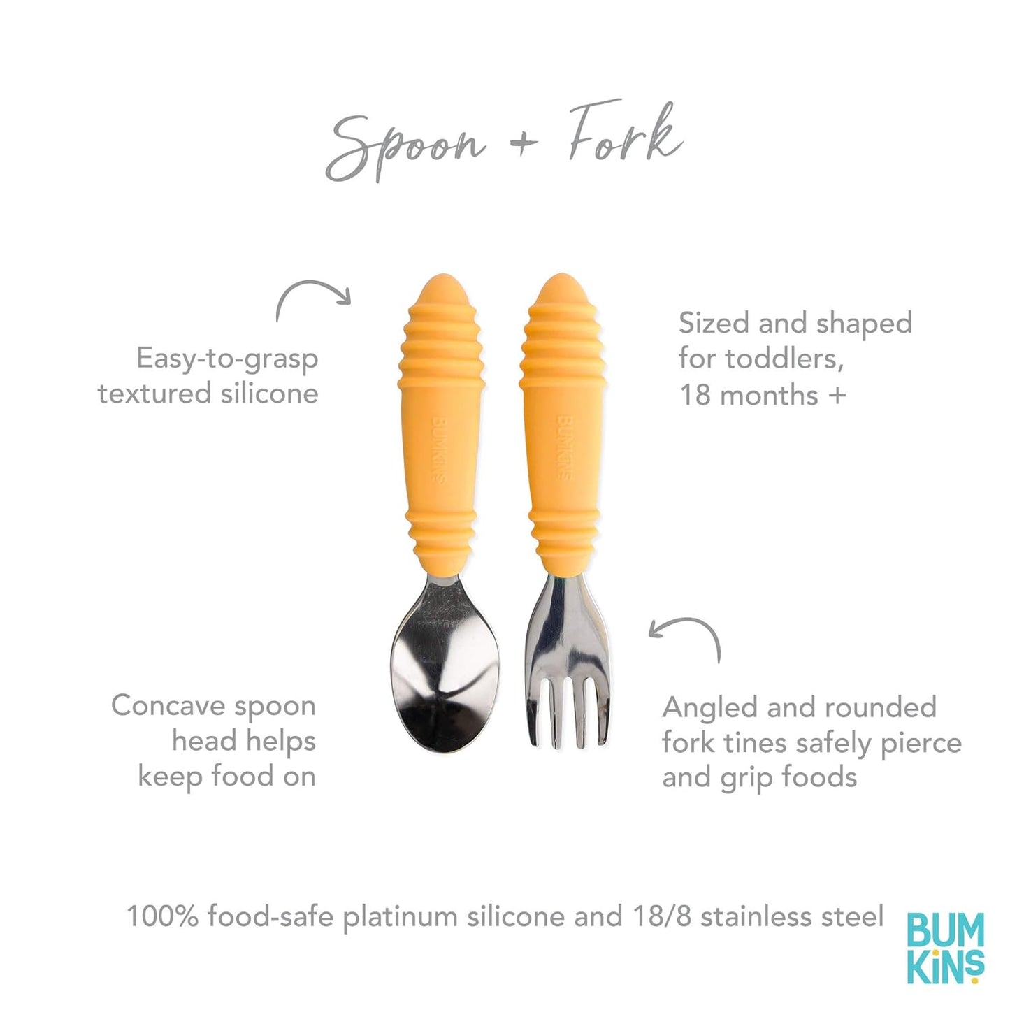 Bumkins Toddler Utensils, Kids Size Fork and Spoon Set, Silicone and Stainless-Steel Training Silverware, Angled Forks / Sporks for Self-Feeding, Children Learning to Eat, 18 Mos Up, Tangerine Orange
