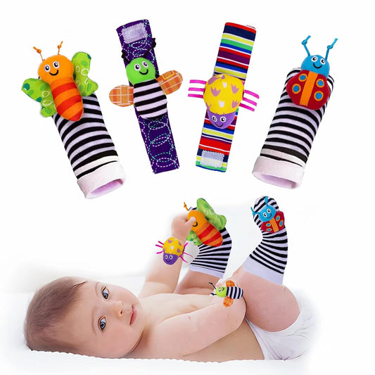 4-Piece Baby Wrist Rattle & Foot Finder Socks - Animal Rattle, Cartoon Design, 0-24 Months