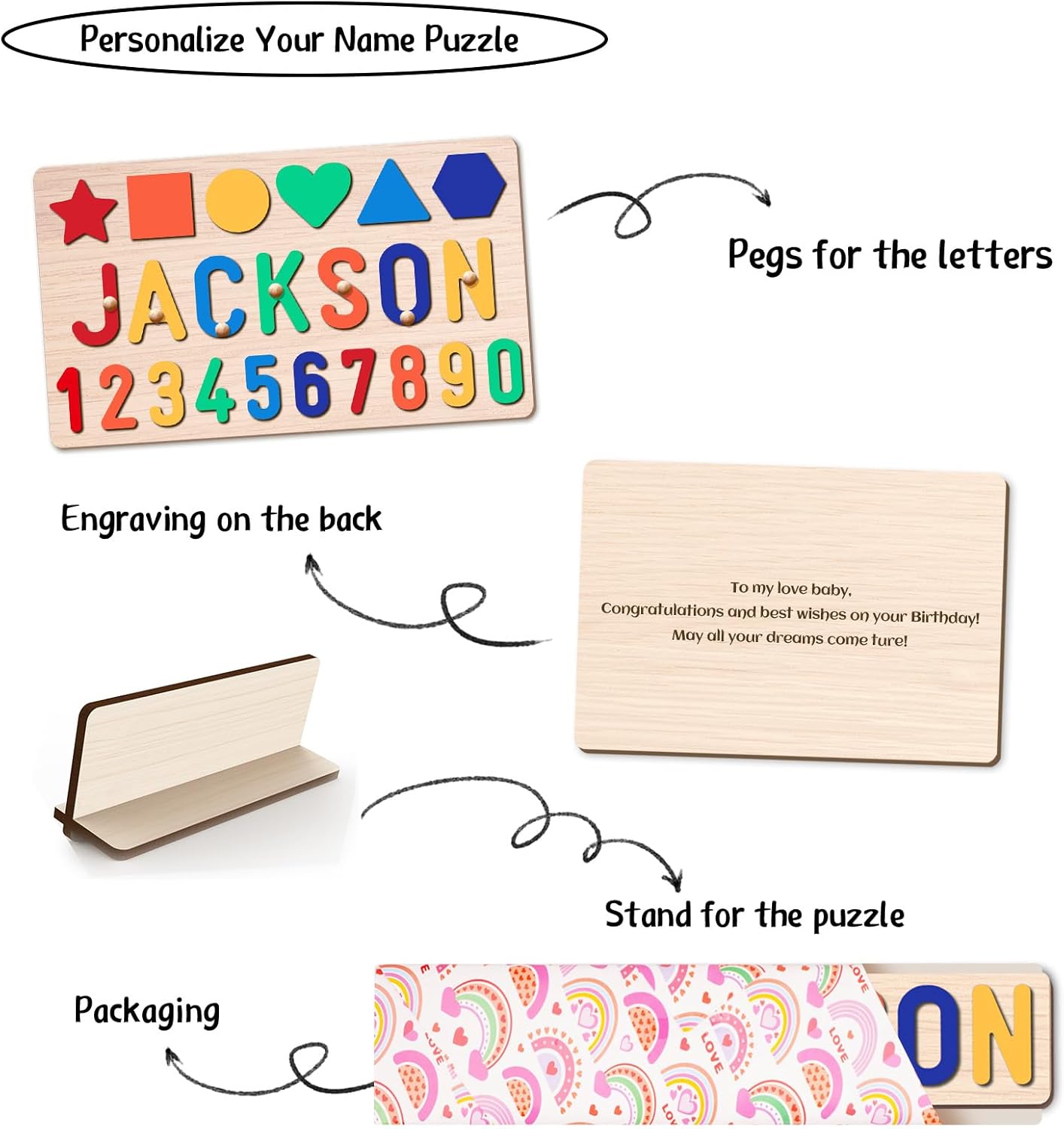 Personalized Name Puzzle for Kids, Personalized Baby Gifts Name Puzzles for Toddlers 1-3, 1st Birthday for Girls & Boys Wooden Alphabet & Shape Puzzle Montessor Toys for Kids