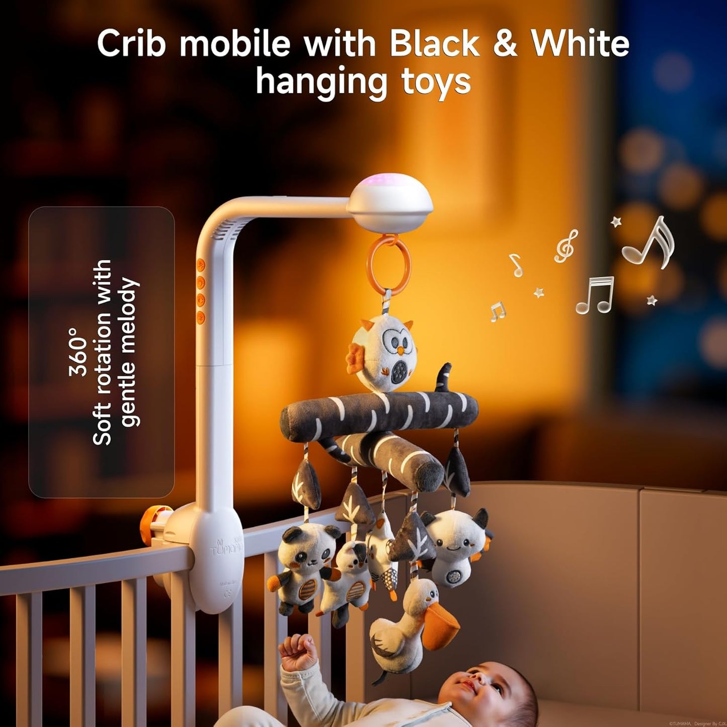 TUMAMA Baby Crib Mobile, High Contrast Baby Crib Toy with Projection Night Light, Music and White Noise, Soft Plush Animal Black and White Hanging Toy for Infant 0 3 6 9 Months Newborn Gift
