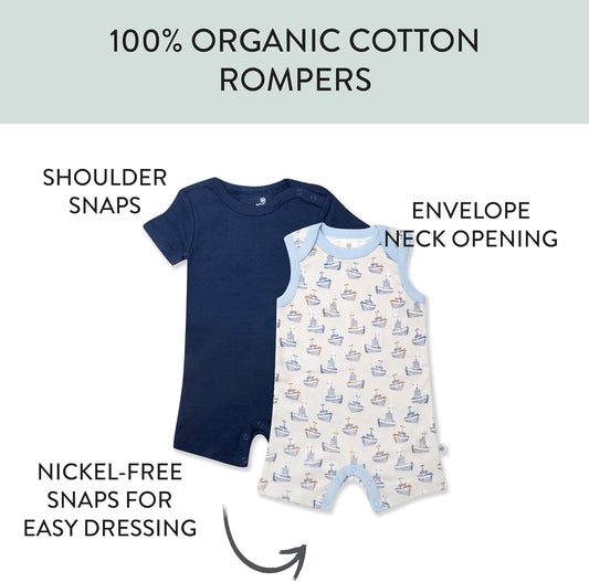 HonestBaby Short Sleeve and Tank Romper 100% Organic Cotton for Infant Baby and Toddler Boys