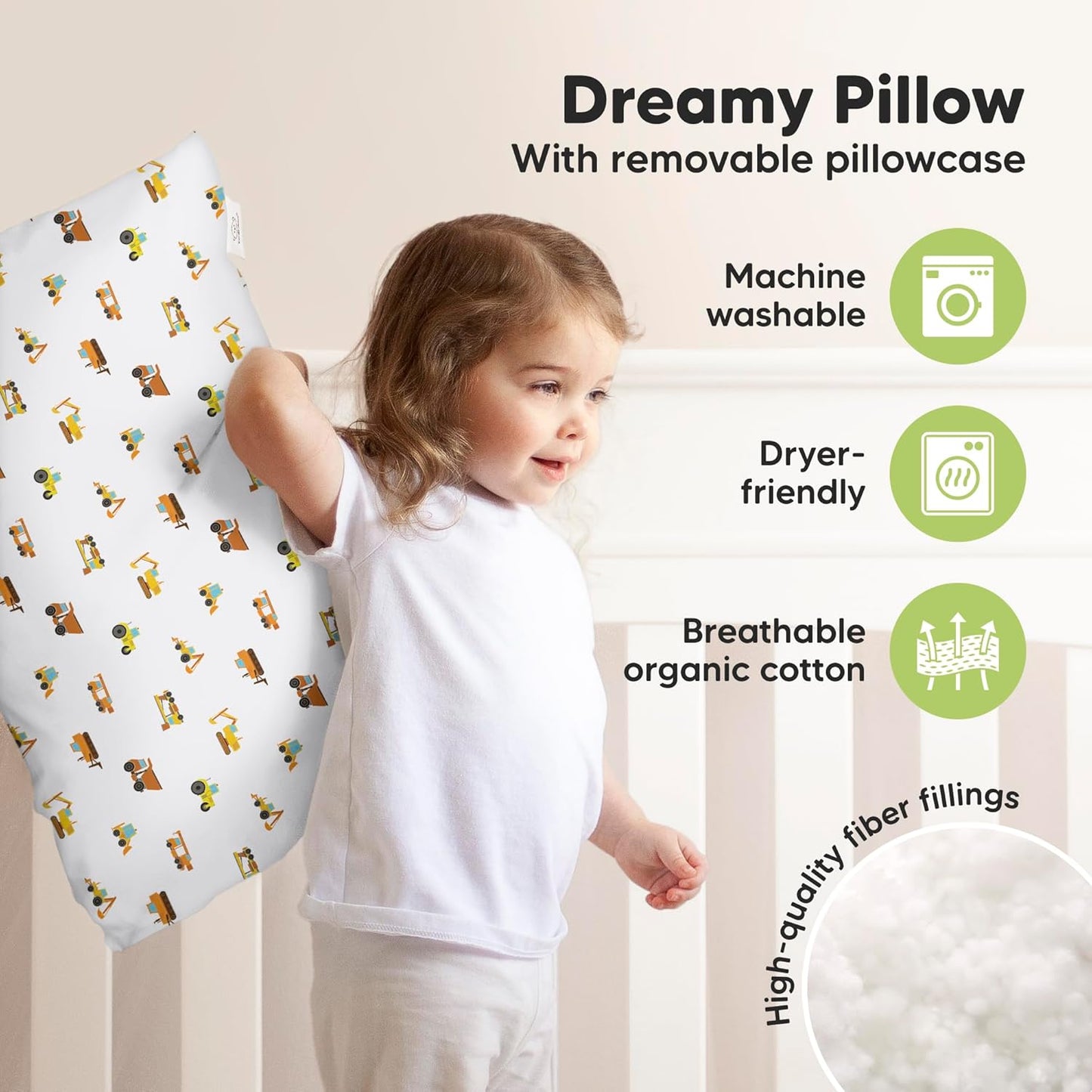 KeaBabies Toddler Pillow with Pillowcase, Jumbo 14X20 - Soft Organic Cotton Toddler Pillows for Sleeping - Machine Washable - Perfect for Travel, Toddler Bed Set (Construction)
