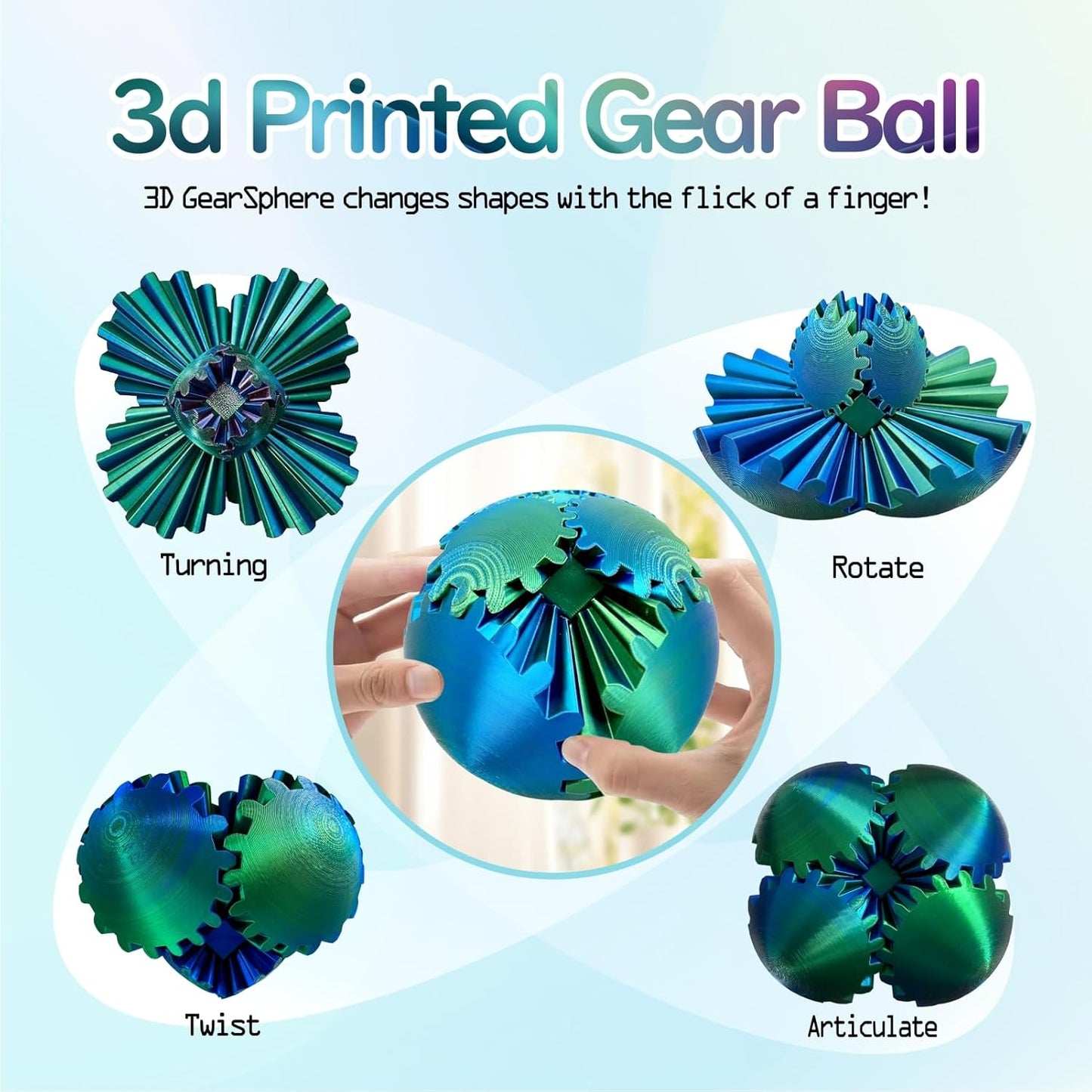 Gear Ball - GearSphere Fidget Toy, 3D Printed Gear Ball Spin Ball Cube Desk Toy, 2024 Gear Sphere Cube Puzzlefor Adults Kids, Stress and Anxiety Relaxing Fidget Toy (Blue-Green)