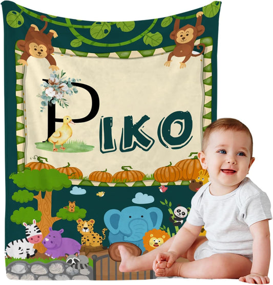 Personalized Cute Animals Name Blanket, Custom Monogram Name Blankets Elephant Monkey Toddler Boy Soft Flannne Swaddling Blankets Customized Memorial Gift for Infant Newborn Shower