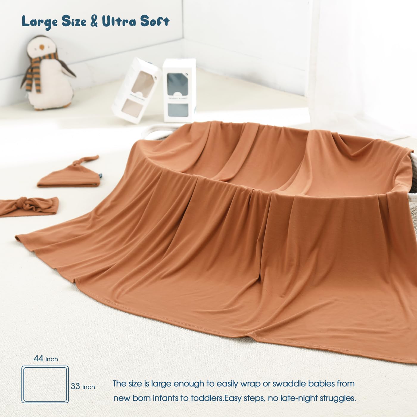 GRSSDER Newborn Swaddle Blanket, Ultra Soft Jersey Receiving Blanket with Matching Headband and Beanie Set 33×44", Stretchy Baby Neutral Swaddle Wrap for Girls and Boys