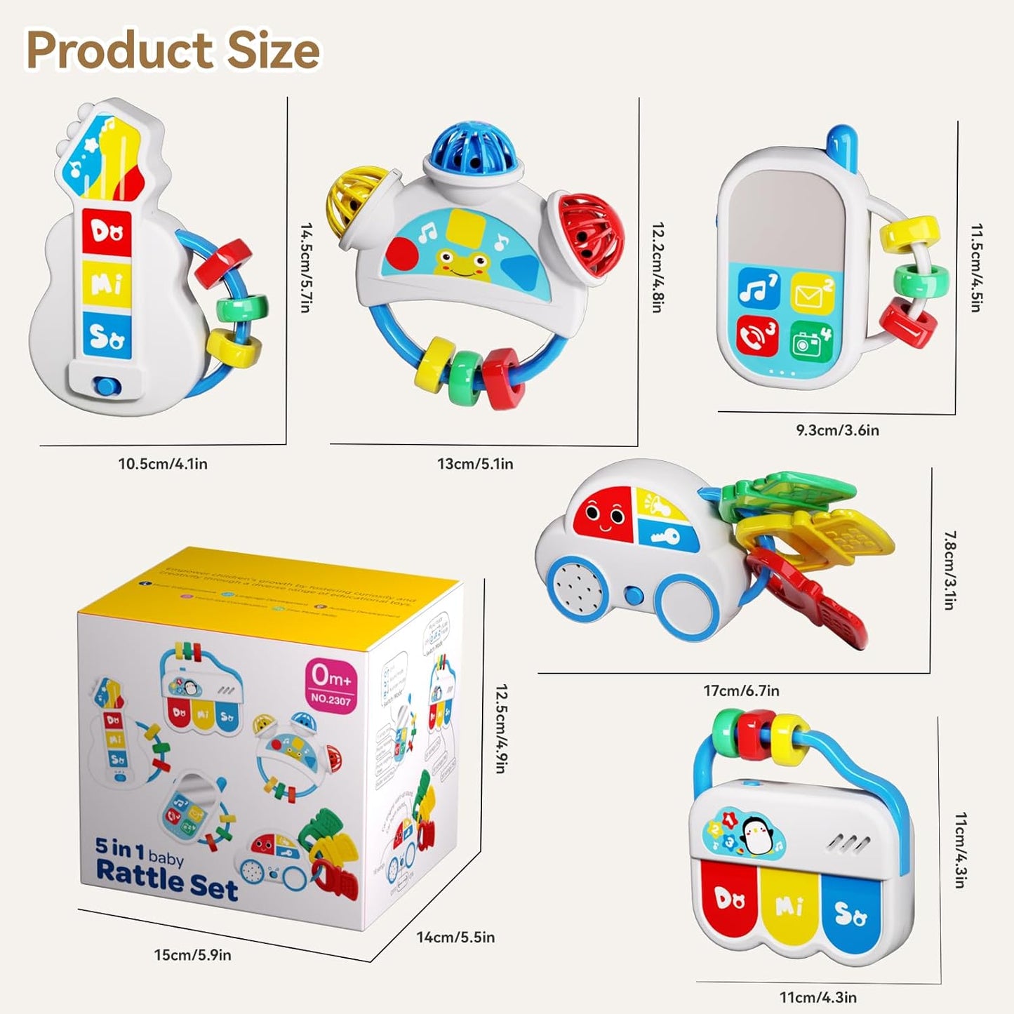 Baby Toys 0-6-12 Months: 5 in 1 Infant Musical Rtattle Teething Toys Sensory Learning Toys with Sounds, Newborn Shower Gifts for Boys & Girls