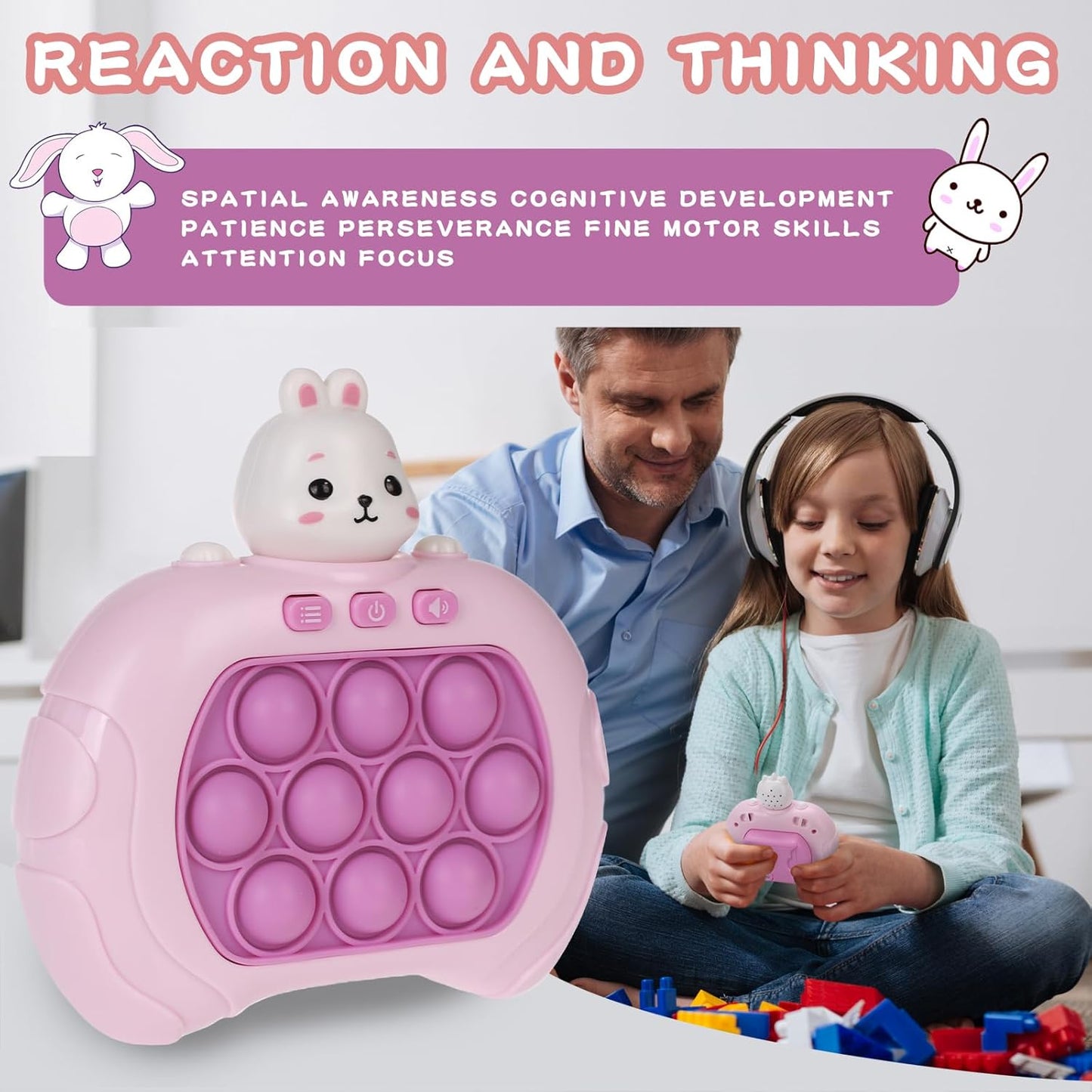 Fast Push Game Pop Fidget Toys for Kids, Fast Push Bubble Game, Quick Push Pop Game for Boys & Girls Age 3-12, Handheld Puzzle Game Sensory Toys Relaxation and Decompression (Pink Rabbit)