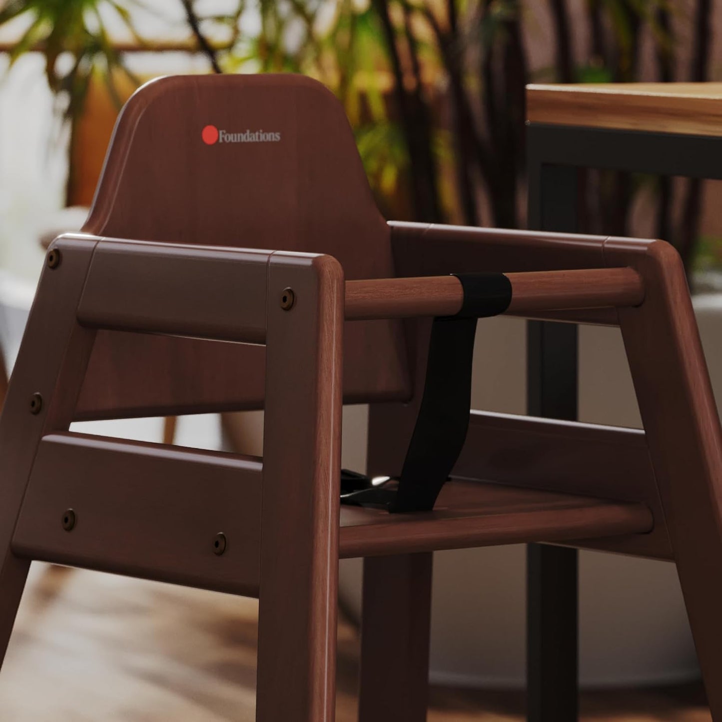 Foundations Neat Seat Wood Highchair for Restaurants, Easy to Clean, “No-tip” Feet, 3-point Safety Harness, Durable Hardwood, Small Footprint, Stackable (Antique Cherry)