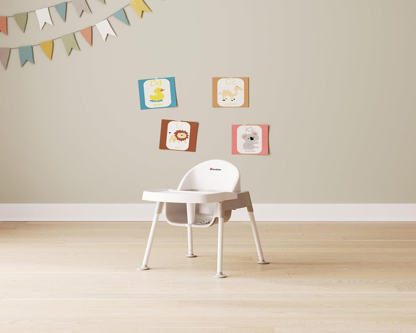 Foundations Secure Sitter 9" Feeding Chair, Stable “No Tip” Feet, 3-Point Adjustable Harness, Removable Tray, Easy to Clean, Smooth Plastic (White/Tan)