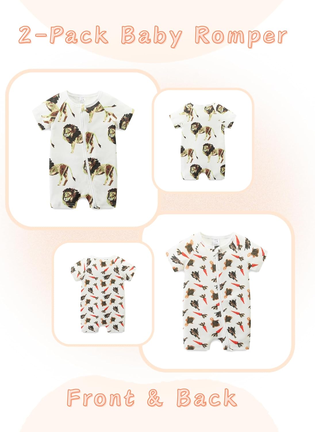 Unisex Summer Trendy 2-Pack Rompers Short Sleeve Zipped Bodysuit Infant Cotton Outfits