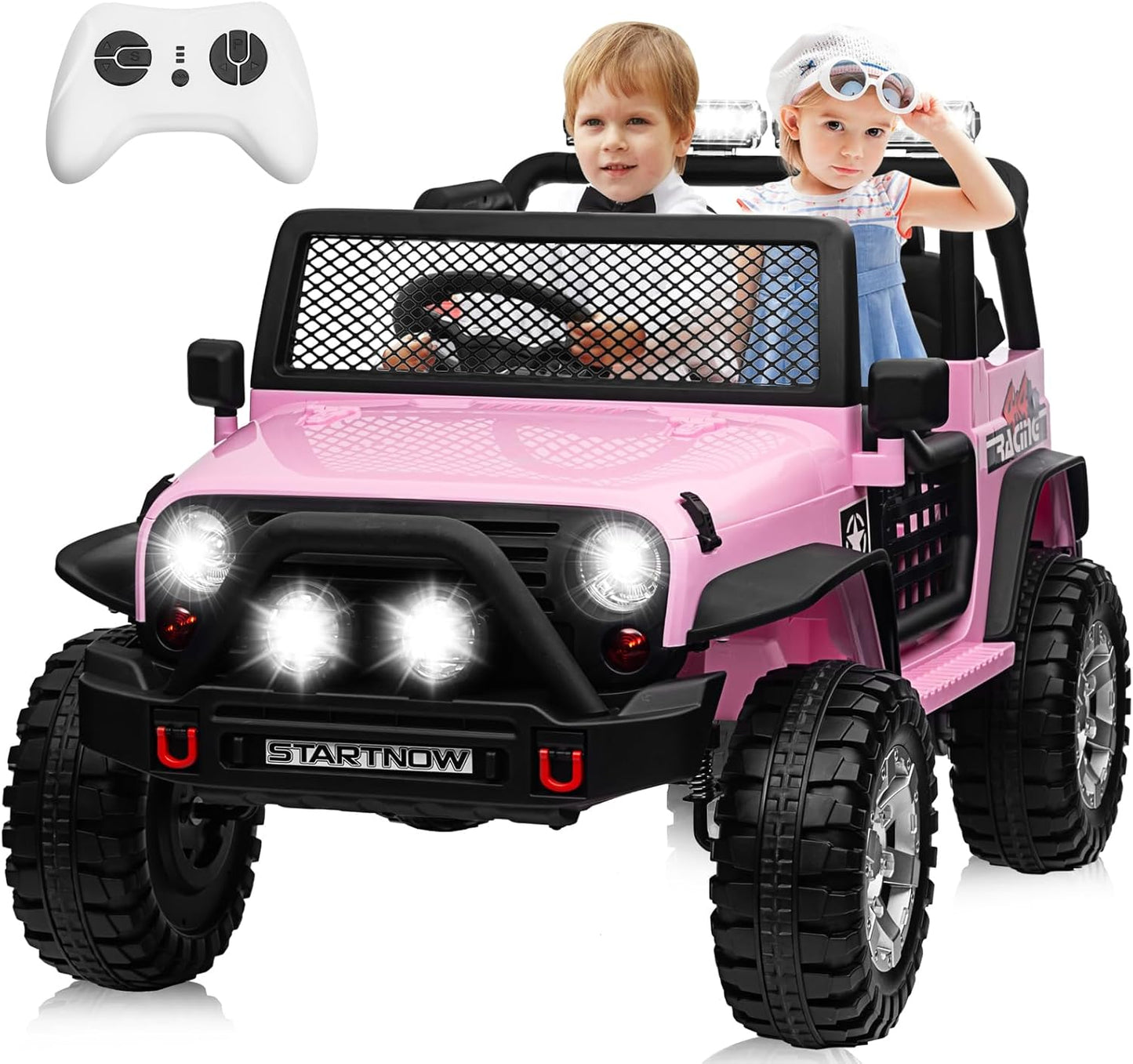 24V 4WD Ride on Truck Car w/800W Motors, Gift Flower, Remote Control, 2 Seaters, Light Bar, 3 Speeds, Pop Music, Power Four Wheels, 25 Volt Ride on Toy Car for Big Kids, Pink