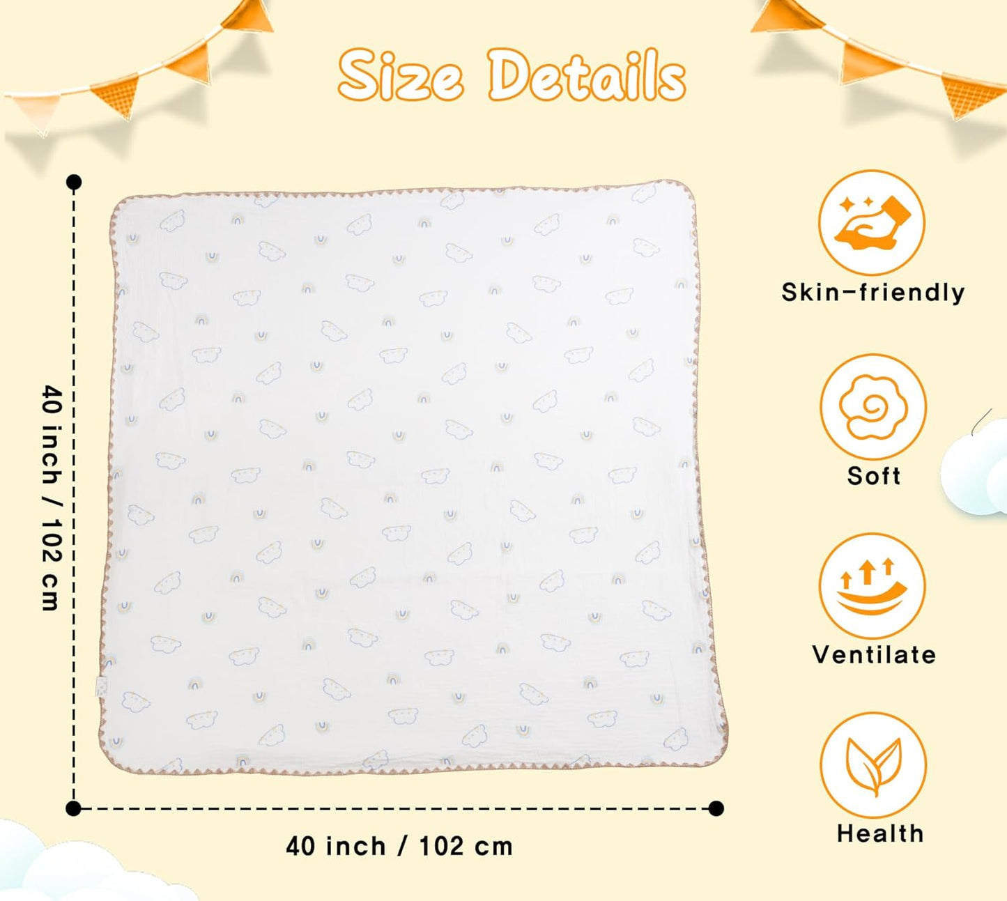Baby Blanket Double Layer Cotton 40 x 40 Soft Receiving Blanket with Pattern Machine Washable Cloud