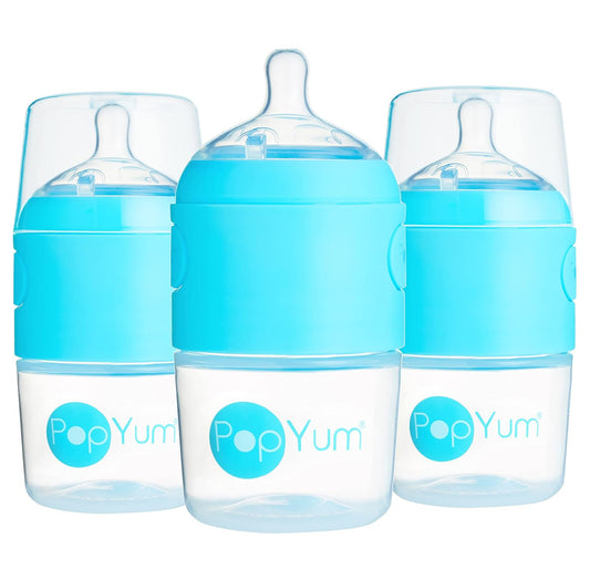 PopYum 5 oz Blue Anti-Colic Formula Making/Mixing/Dispenser Baby Bottles, 3-Pack with #1 Slow Flow Nipples, 150 ml, BPA-Free, Natural Latch