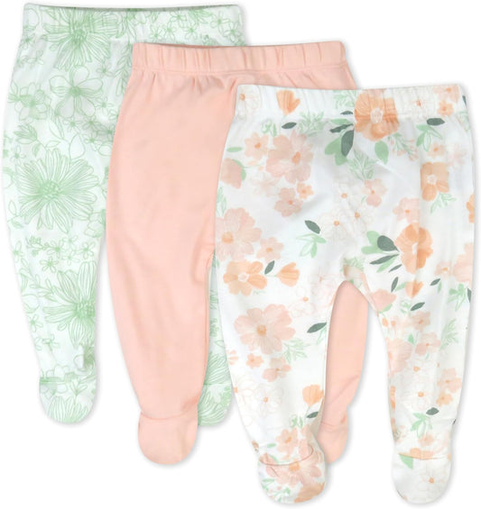 HonestBaby 3-pack Footed Pants Roomy Fit Pull on Bottoms 100% Organic Cotton for Infant Baby Boys, Girls, Unisex