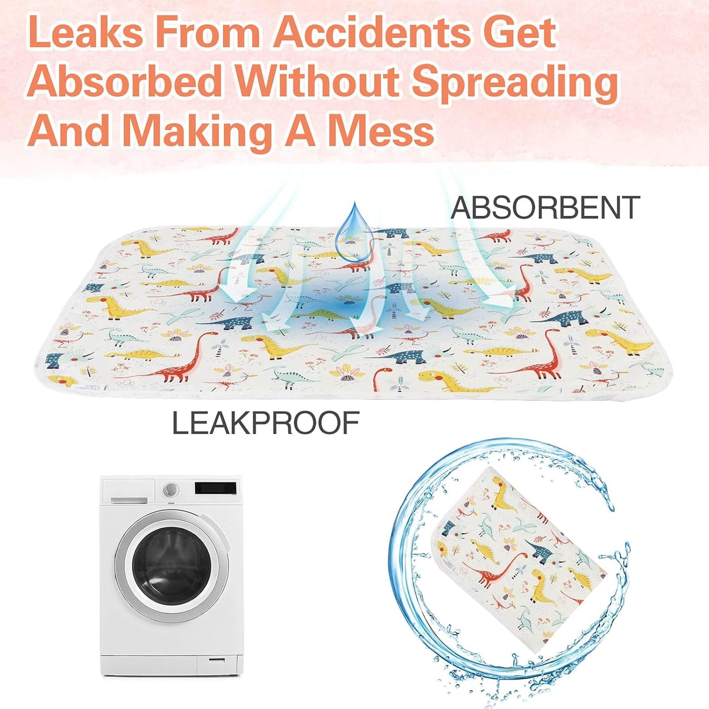 Baby Diaper Changing Pad, 21 5/8" x 31.5" Waterproof Changing Pad Liners - Reusable Soft and Absorbent Portable Changing Mat(Colorful Dinosaur1PCS)