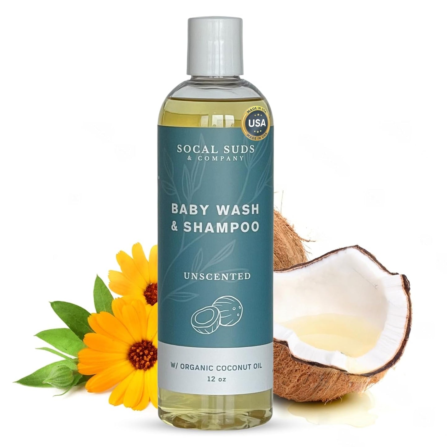 SoCal Suds & Company Baby Shampoo & Body Wash, 2-in-1 Organic Gel - Gentle Castile Soap with Vitamin-Infused Oils & Botanicals for Sensitive Skin & Body Hypoallergenic - 12oz Fragrance Free