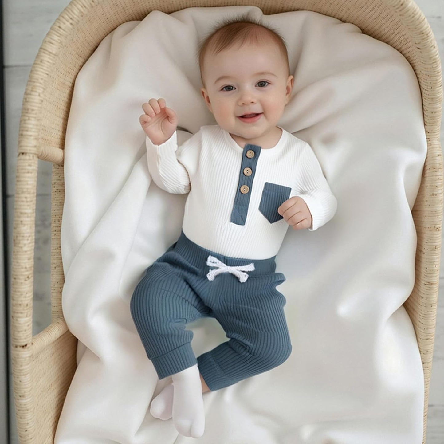 fhutpw Baby Boy Clothes 3 6 12 18 Months Ribbed Knitted Long Sleeve Romper and Pants Sets Newborn Fall Splicing Color Outfits