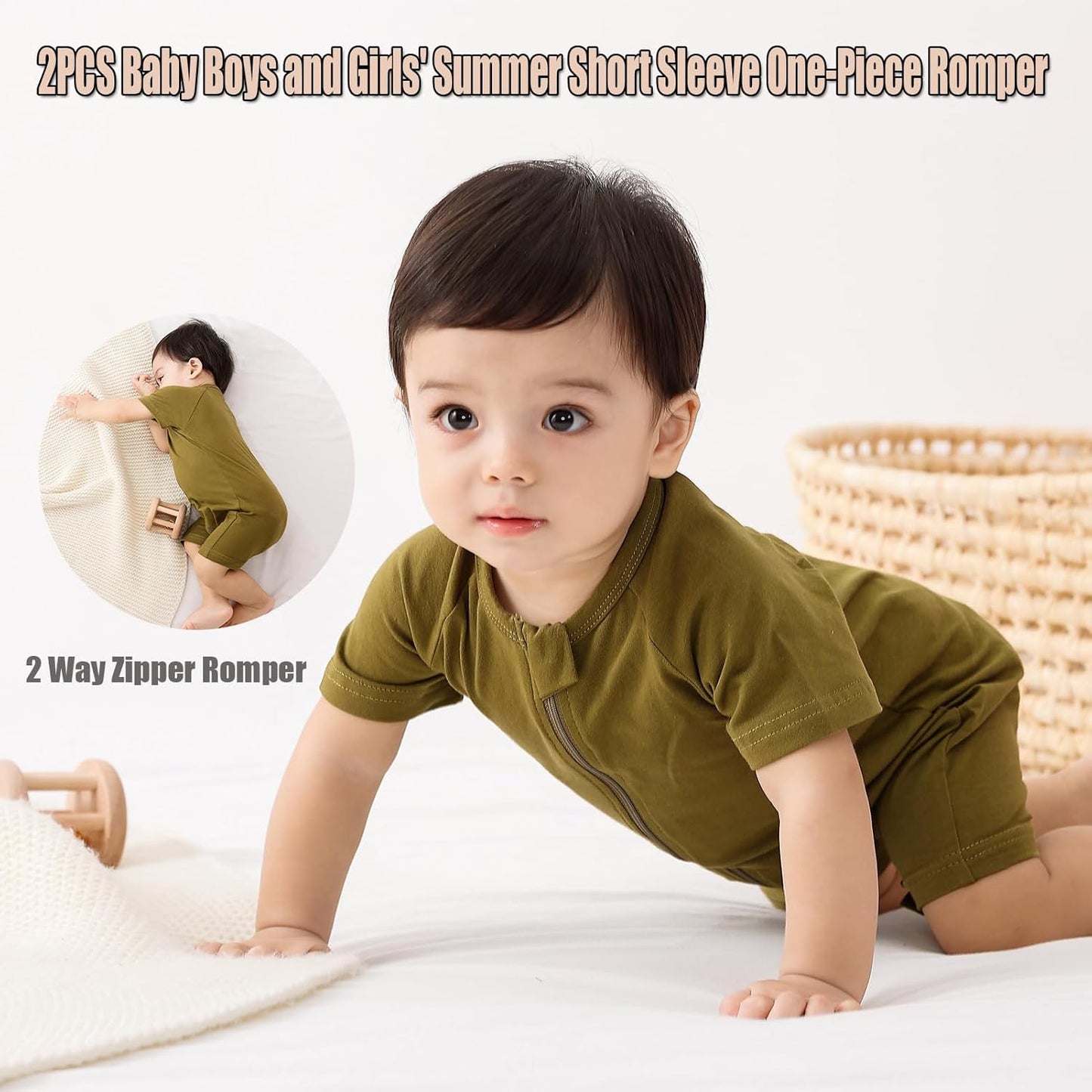 Feidoog Baby Boys 2Pack Rompers Summer Short Sleeve 2 Way Zipper One-Piece Romper Jumpsuit Sleep and Play