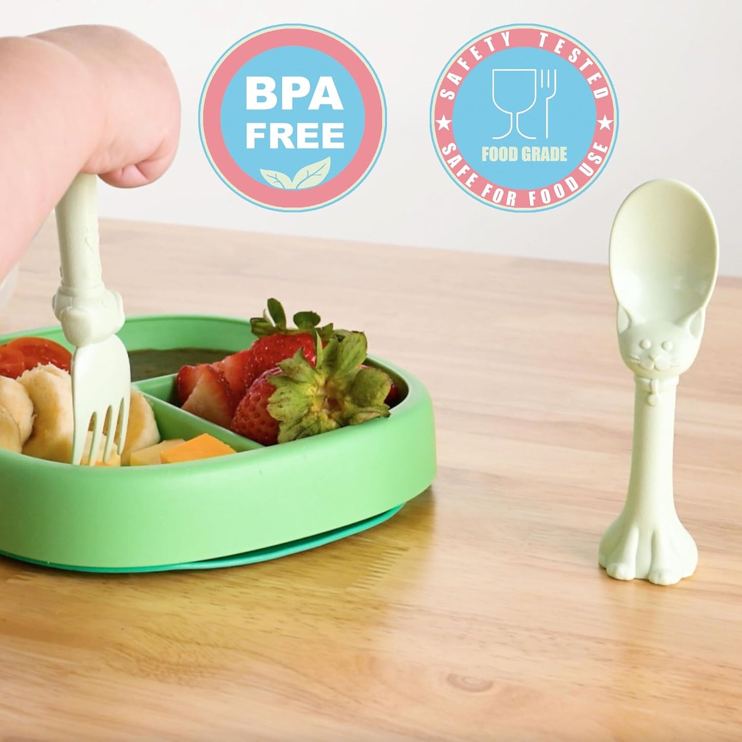 Made in USA Spoon la la Toddler Utensils Set - 2 Pack (1 Spoon & 1 Fork for Kids) - Self-Standing 3D Ergonomic Cat & Dog Handles - BPA-free, Dishwasher Safe, Baby Silverware (Mint Green)