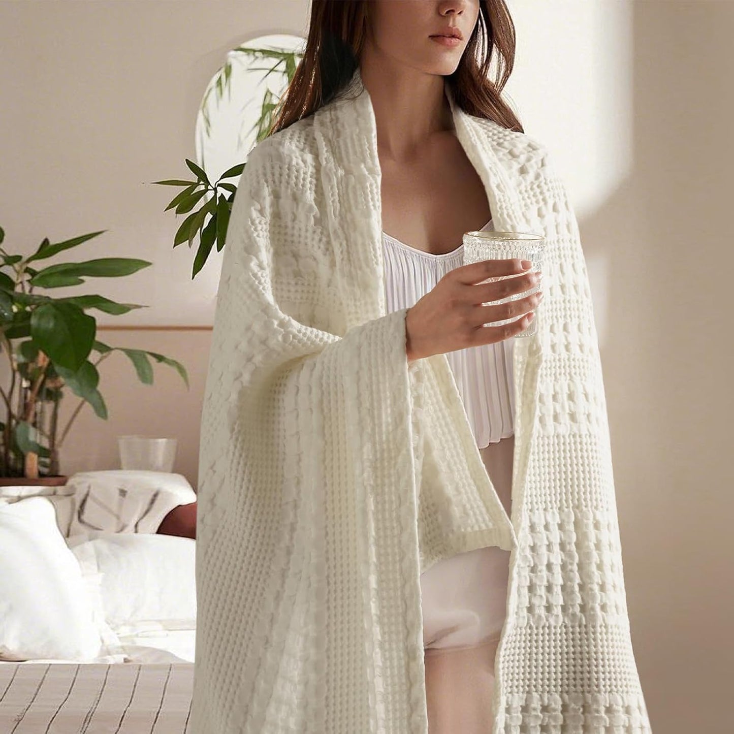 PHF 100% Cotton Waffle Weave Throw Blanket, Soft Lightweight Breathable Cozy Summer Throws for Couch Bed Sofa, Luxury Aesthetic Woven Blanket for Home Decor & Office, 50"x60", Ivory