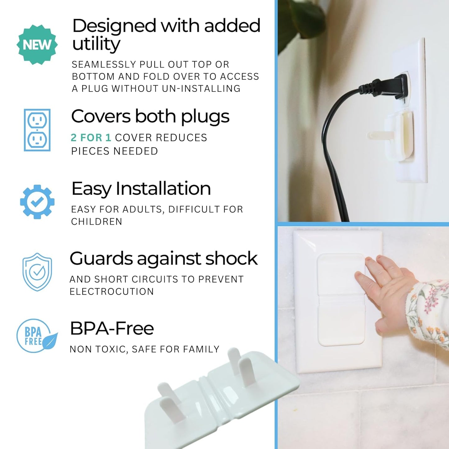 White Double Outlet Covers Baby Proofing (20 Pack, 40 Sockets) | Baby Proof Plug Covers for Electrical Outlets | Safe & Secure Baby Safety Products | Childproof Socket Covers Protect Toddlers & Babies