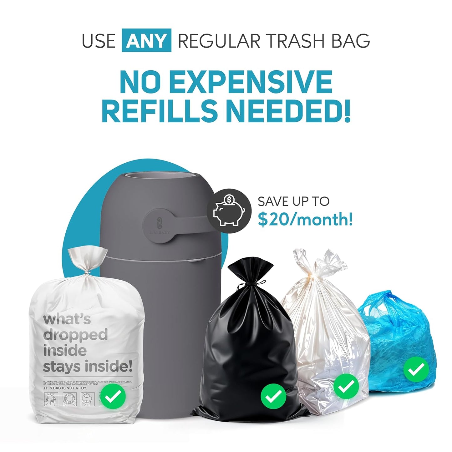 L.A. Baby Magic Diaper Pail - Patented 100% Odor-Free System with Child-Safe Lock - Award-Winning Design - No Refills Required - Works with Regular Trash Bags - Gray