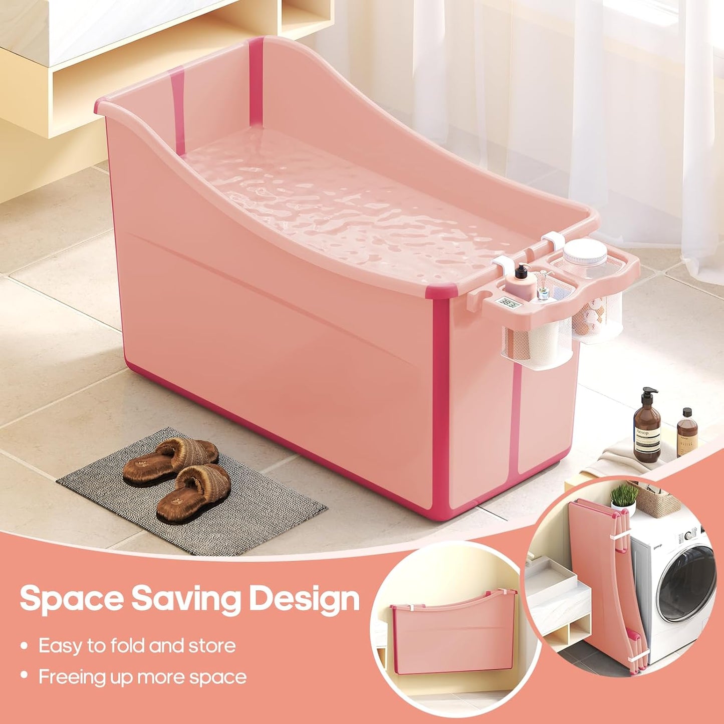 Collapsible Baby Bathtub Foldable Bathtub for Toddler Portable Large Foldable Bath Tub Bathtub for Kids Petite with Thermometer and Storage Basket (Pink)