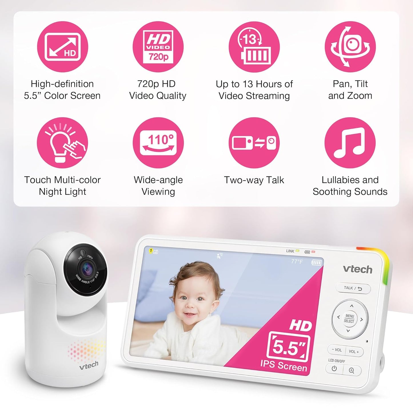 VTech 5.5" IPS Screen 720P Video Baby Monitor with Camera and Audio, Pan-Tilt-Zoom, Night Light, 2-Way Talk, Lullabies, Soothing Sounds, Long Battery Life, No WiFi: Advanced HD Plus
