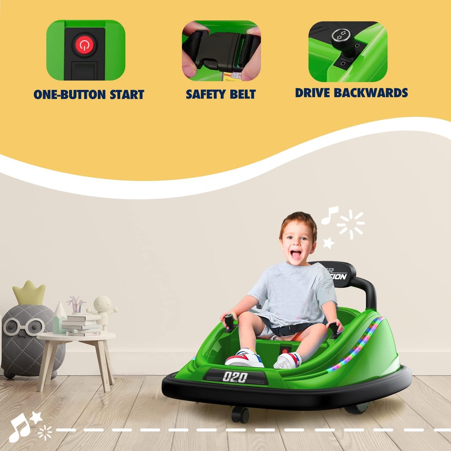 Bumper Car, 12V Electric Kids-Bumper Car Ride Toys with Remote and Music Function, Perfect Kids Gifts Baby for Toddlers 1-6 for Birthday