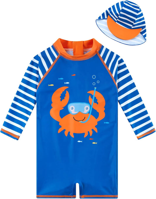 uideazone Baby Boys One Piece Swimsuit Long Sleeve UPF 50+ Rash Guard Bathing Suit Swimwear with Sun Hat 0-24 Months