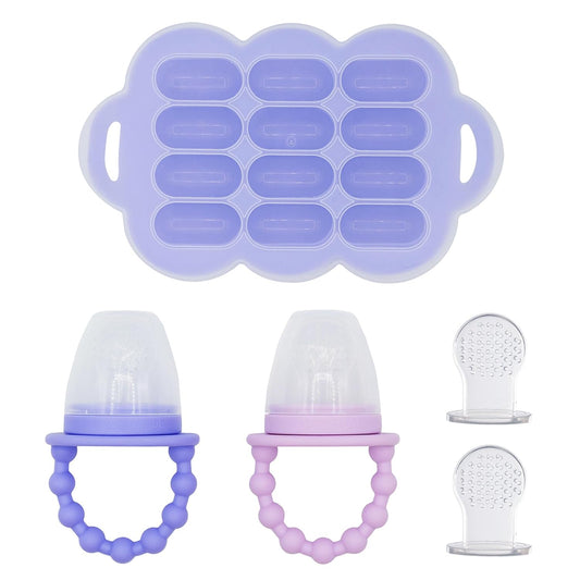 WeeSprout Baby Food Feeder Set - 2 Silicone Feeders & Reusable Freezer Tray with Lid - BPA-Free Fresh Fruit & Veggie Pacifier for Babies & Toddlers - Double as Teething Toys - Dishwasher Safe