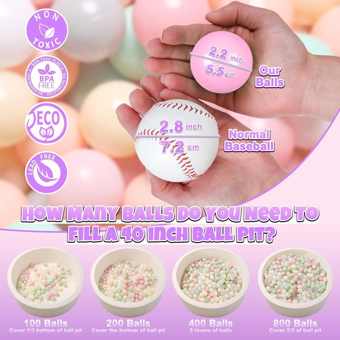 GOGOSO Balls for Ball Pit - Plastic Ball for Toddlers 1-3, Baby Kids Ball Pool Decoration 50 100 200 300 500 1000 (6 Colors, 500 Balls)