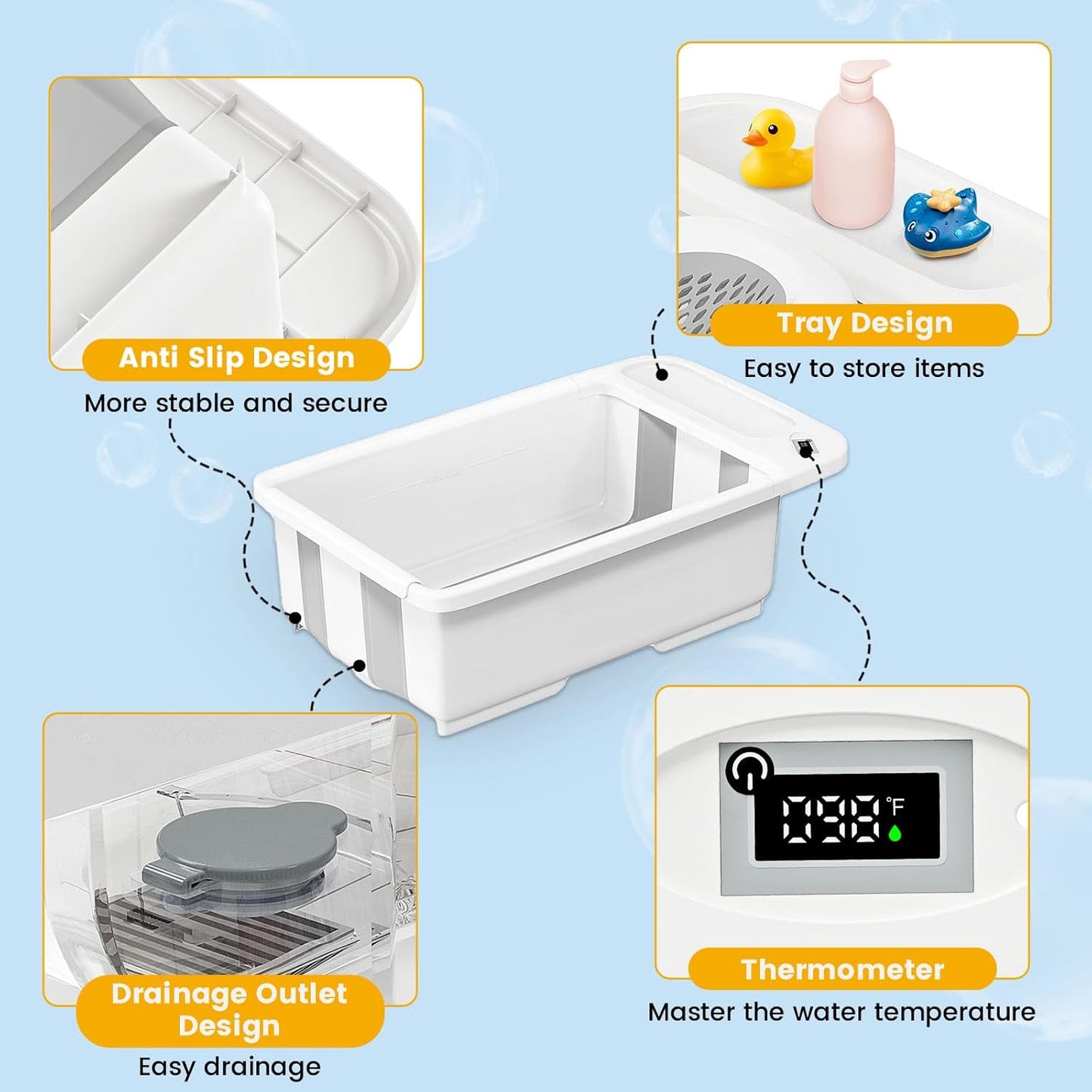 Collapsible Baby Bathtub with Smart Temperature Display, Portable Travel Bathtub, Ideal for 0-36 Months Infants