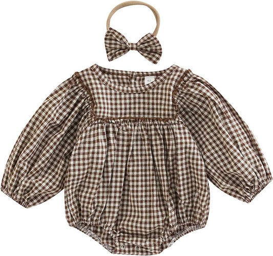 Douhoow Infant Baby Girl Plaid Romper Baby Sweatshirt Romper Ruffle Festival Clothes Fall Winter Outfits with Headband