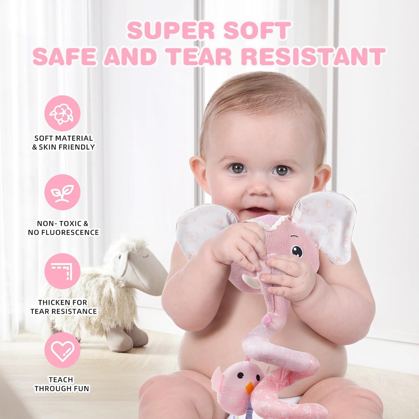 Jollybaby Baby Car Seat Stroller Toys, Plush Activity Hanging Spiral Activity Pram Crib with Music Box, Rattles, Squeaker for Babies Infant Boys Girls(SZ Pink Elephant)