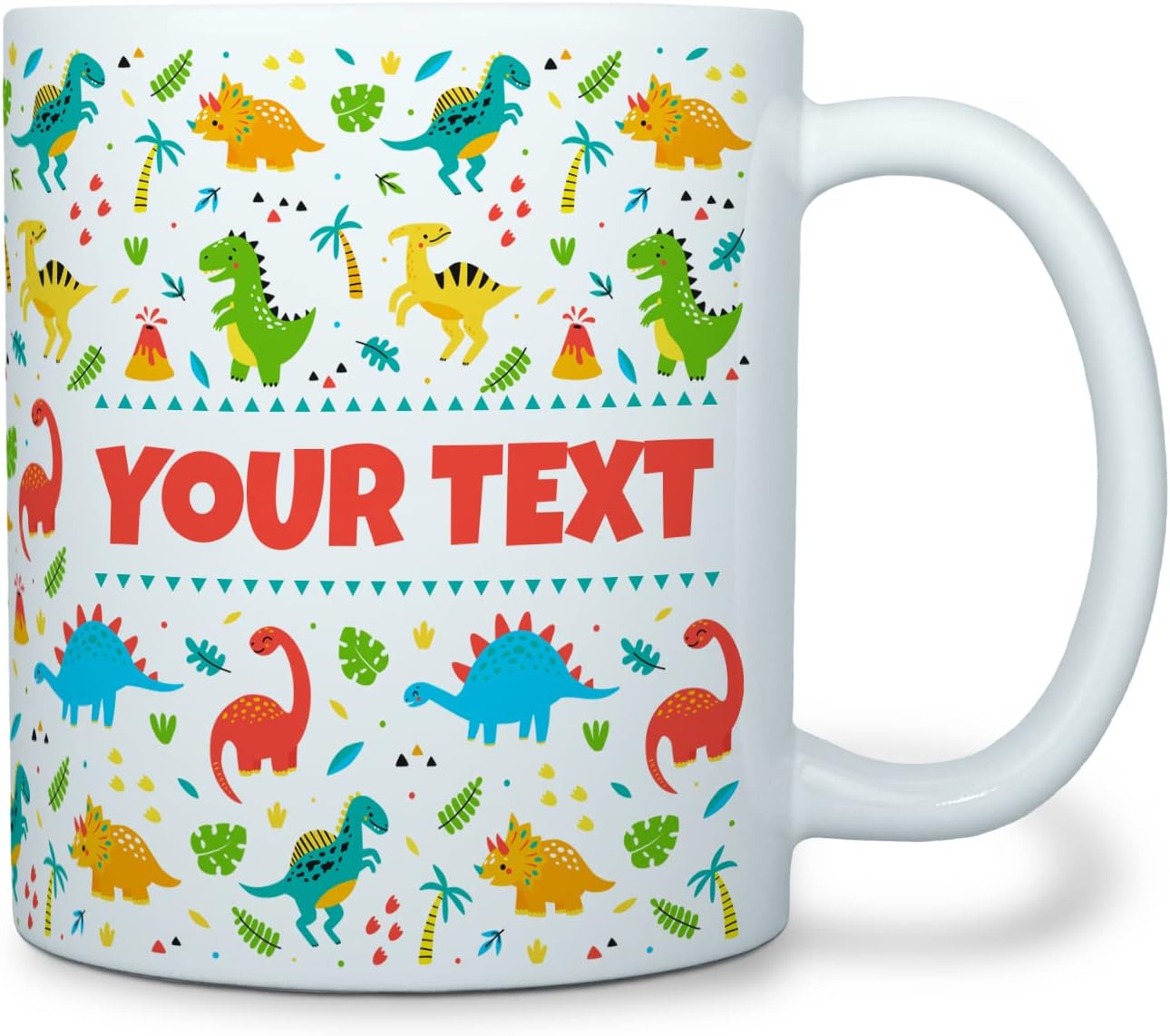 Personalized Mug for Kids - Dinosaurs - Custom Name/Text, Ceramic Hot Chocolate/Cocoa/Coffee Cup for Boys/Girls, Birthday/Christmas/Holiday Gift - 11 oz, White Handle