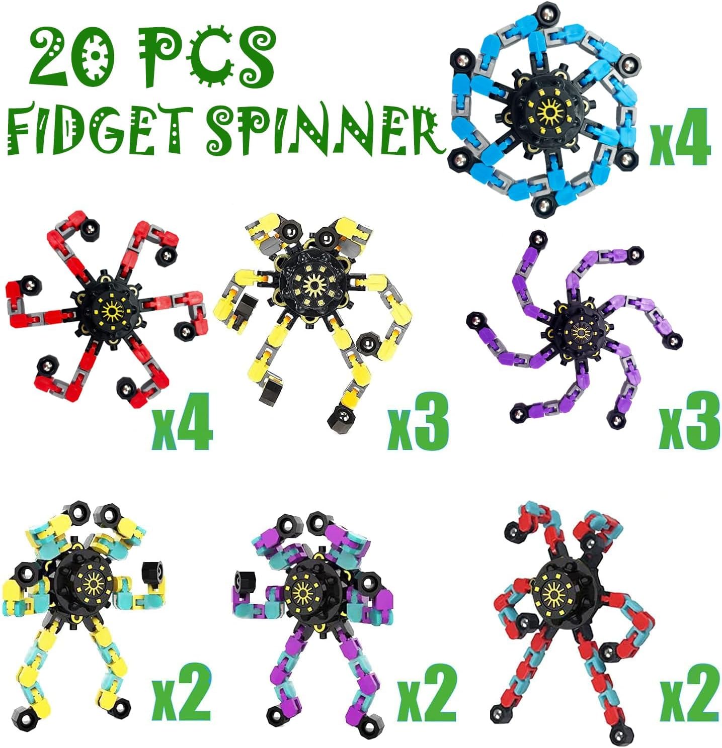20 Pcs Transformable Fidget Spinner, Fidget Toys Bulk for Adults, Transformable Chain Robot Finger Toy DIY Deformation Robot Mechanical Spinners Stress Relief Fidget Toy for Teens Adults