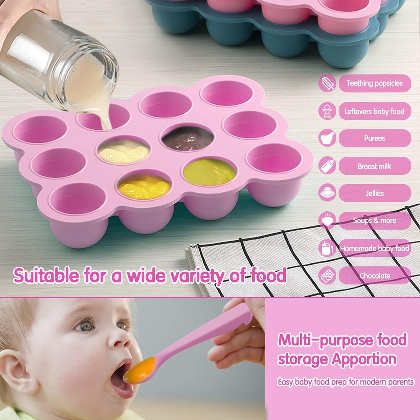 Baby Food Storage - 12 x 1.5 Ounce Silicone Freezer Tray with Lid, Perfect for Homemade Baby Food, Vegetables & Fruit Purees, Breast Milk - Pink