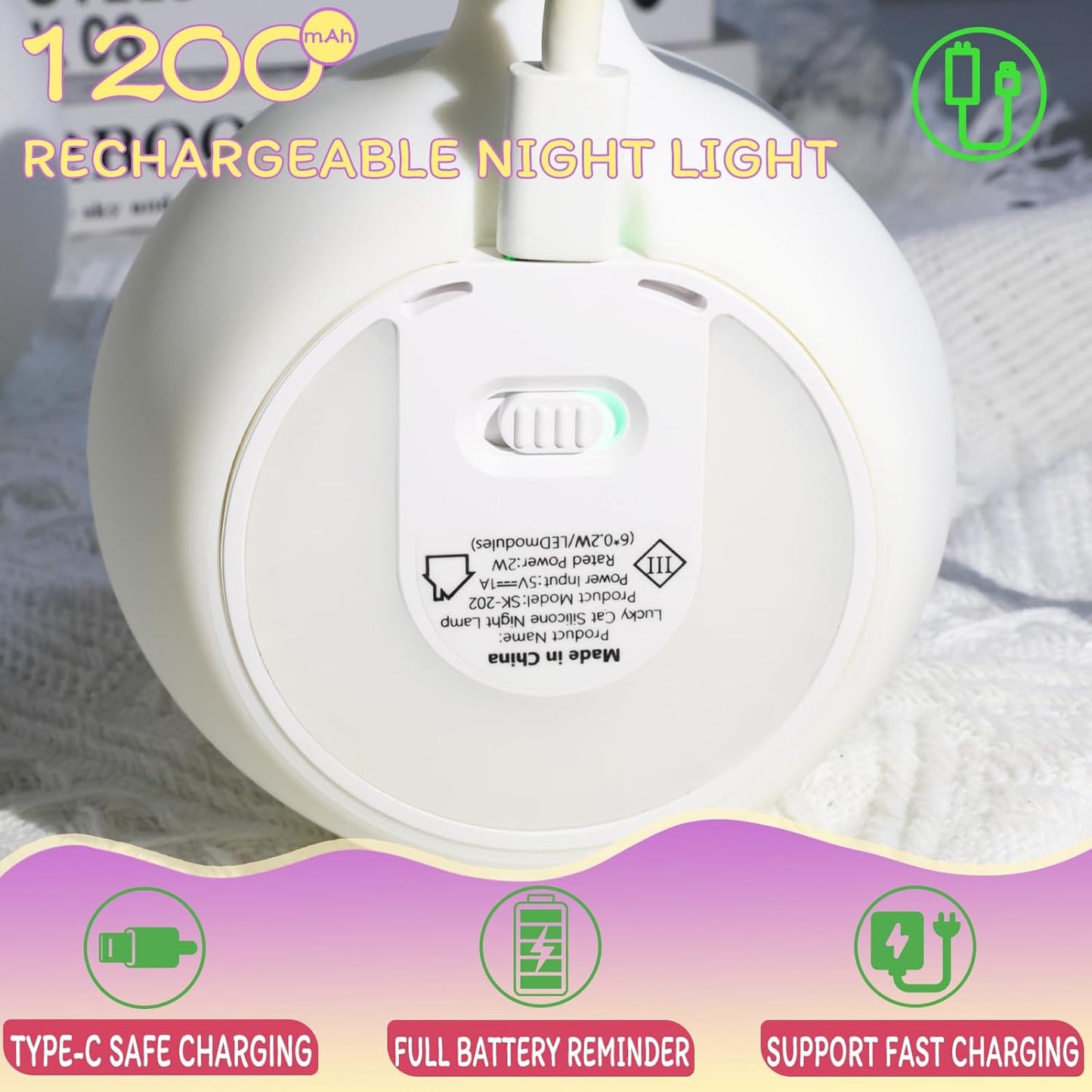 7-Color Changing Cat Night Light, Silicone Rechargeable Nursery Light with Timer & 3 Modes, Kids Bedroom Lamp Touch Sensor (Cute Animal Design)