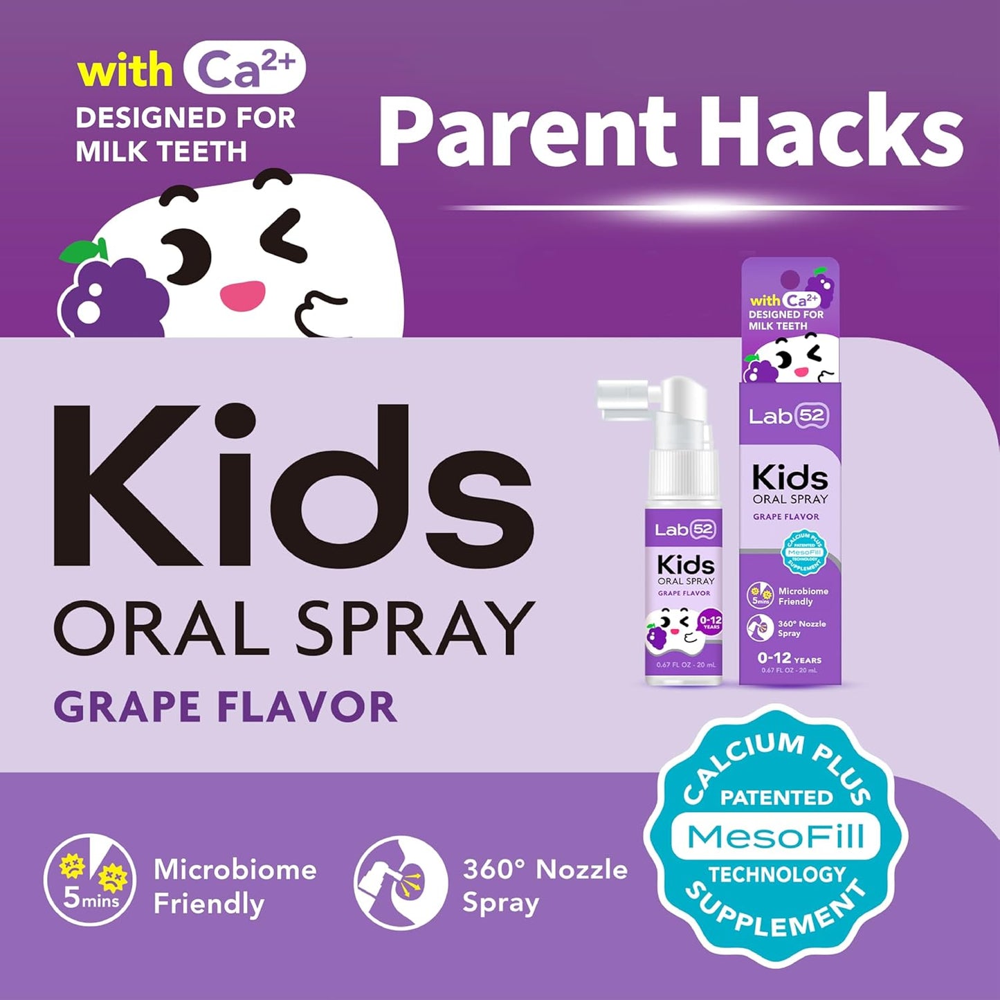 LAB52 Kids Oral Spray Gift Box, Toddler Toothpaste Helper for Daily Oral Care and Fresh Breath, Children Approved with Fluoride Free for Newborn to Preschoolers, Xylitol Grape Flavor (3 Packs)