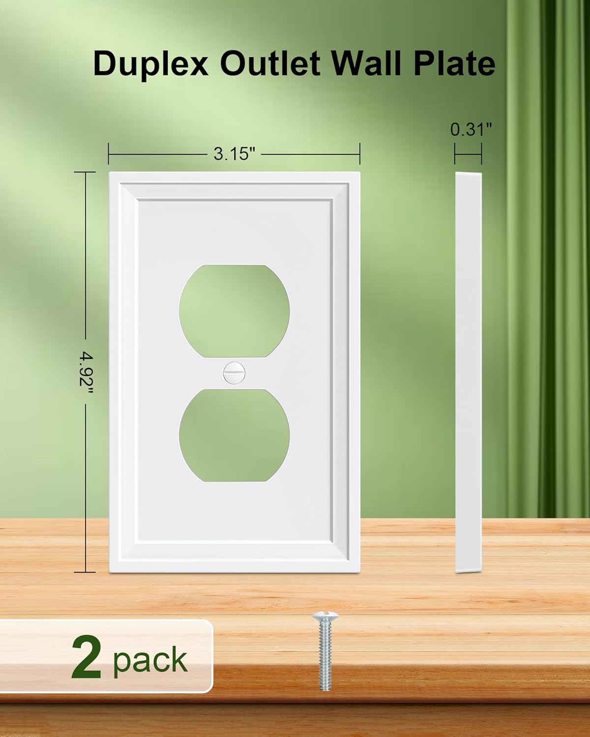 2-Pack Duplex Outlet Cover, Natural Bamboo Fiber Switch Plates and Outlet Covers, White Decorative Wall Plates for Electrical Outlets, 1 Gang Receptacle Cover, Corrosion Resistant