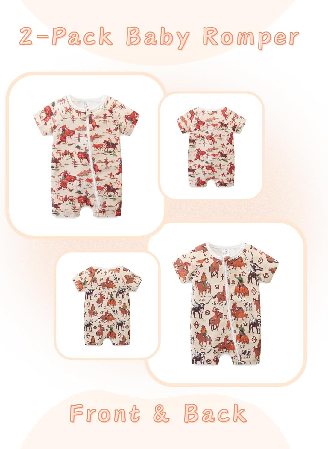 Unisex Summer Trendy 2-Pack Rompers Short Sleeve Zipped Bodysuit Infant Cotton Outfits