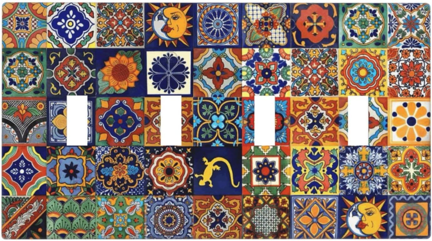 Talavera Mexican Tiles Traditional Color Decoration Print Light Switch Covers Quad Toggle Electrical Faceplate 4 Gang Wall Plate Decorative Switch Plates for Kitchen Bathroom Decor