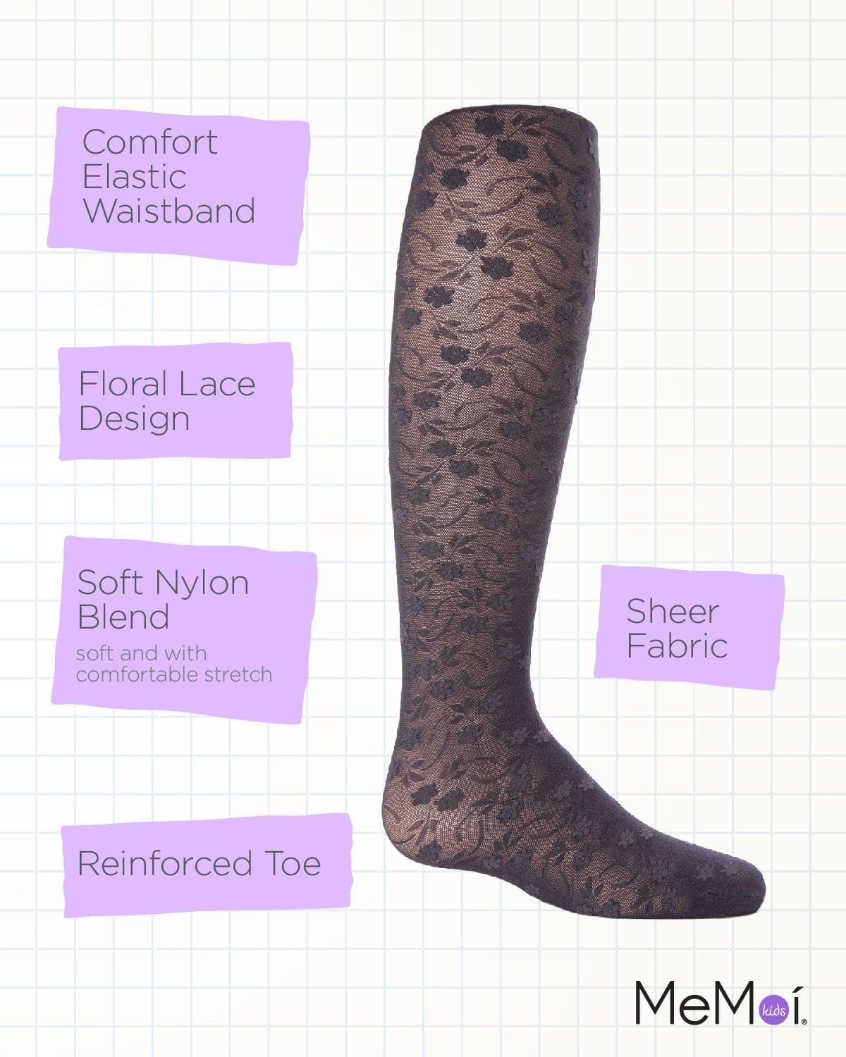 MeMoi Sweet Blossoms Sheer Tights for Girls, Ultra Soft and Lightweight Floral Lace Girls Tights - Sizes 2-14