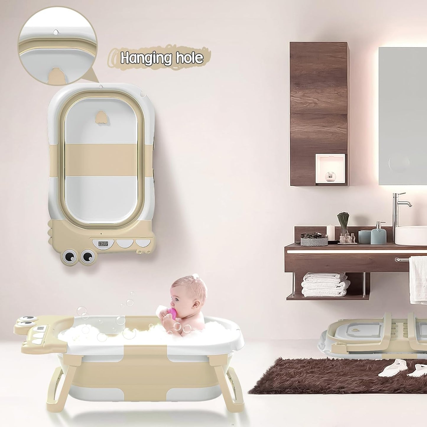 Collapsible Baby Bathtub for Newborn, Foldable Baby Bath Tub with Thermometer & Soft Floating Cushion & Drain Hole, Portable Travel Infant Bath Tubs for Newborns to Toddlers 0-36 Months Boys, Beige