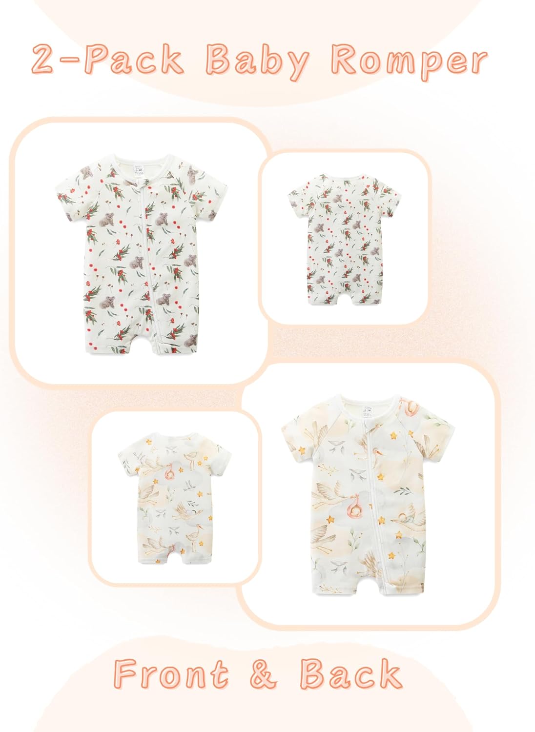 Unisex Summer Trendy 2-Pack Rompers Short Sleeve Zipped Bodysuit Infant Cotton Outfits