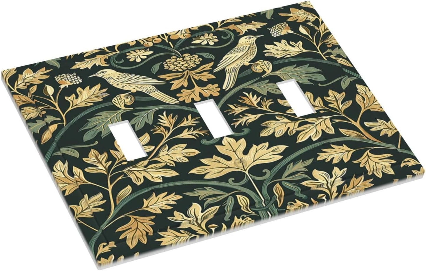 Decorative Switch Plates William Morris Vintage Botanical Birds Golden Green Leaves 3 Gang Wall Plate Triple Toggle Light Switch Cover Faceplate Electrical Wall Panels for Bedroom Home