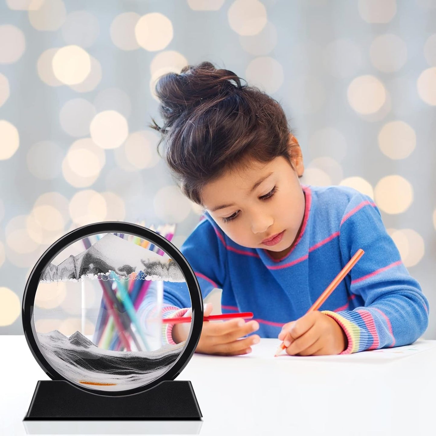 QLKUNLA Moving Sand Art Picture Liquid Motion 3D Deep Sea Sandscape in Motion Display Flowing Sand Frame Relaxing Desktop Home Office Work Decor Art Toys (7 inch, Black)